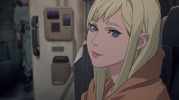 Movie still from “Mobile Suit Gundam: Hathaway” (2021), directed by Shûkô Murase – A woman with blonde hair is looking at the camera; Close Up shot, Over the shoulder angle