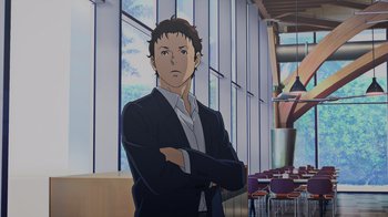 Movie still from “Mobile Suit Gundam: Hathaway” (2021), directed by Shûkô Murase – An animated man with his arms crossed in front of some tables; Medium shot, Low angle