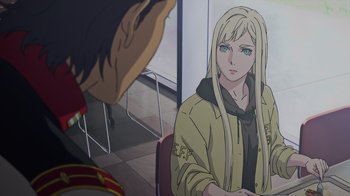 Movie still from “Mobile Suit Gundam: Hathaway” (2021), directed by Shûkô Murase – A woman with long blonde hair sitting in front of a man; Close Up shot, Over the shoulder angle