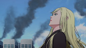 Movie still from “Mobile Suit Gundam: Hathaway” (2021), directed by Shûkô Murase – A woman with long blonde hair is looking up at the sky; Close Up shot, Low angle