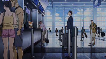 Movie still from “Mobile Suit Gundam: Hathaway” (2021), directed by Shûkô Murase – A man standing in front of an airport counter; Wide shot, Low angle