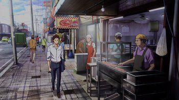 Movie still from “Mobile Suit Gundam: Hathaway” (2021), directed by Shûkô Murase – An animated picture of a man walking down a street; Wide shot, High angle