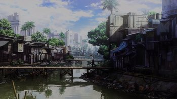 Movie still from “Mobile Suit Gundam: Hathaway” (2021), directed by Shûkô Murase – A painting of a man standing on a pier near a river; Extreme Wide shot, High angle