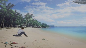 Movie still from “Mobile Suit Gundam: Hathaway” (2021), directed by Shûkô Murase – A person sitting on the beach near the water; Extreme Wide shot, Low angle