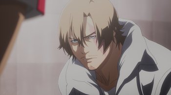 Movie still from “Mobile Suit Gundam: Hathaway” (2021), directed by Shûkô Murase – A person with short blonde hair; Close Up shot, Low angle