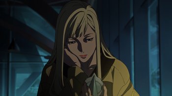 Movie still from “Mobile Suit Gundam: Hathaway” (2021), directed by Shûkô Murase – A woman with long blonde hair holding a paper boat; Close Up shot, High angle