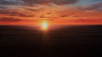 Movie still from “Mobile Suit Gundam: Hathaway” (2021), directed by Shûkô Murase – The sun is setting over a body of water; Extreme Wide shot, High angle