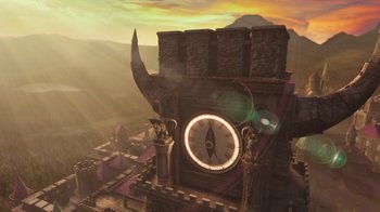 Movie still from “Monster High 2” (2023), directed by Todd Holland – An image of a clock on a tower in the middle of the day; Extreme Wide shot, Low angle