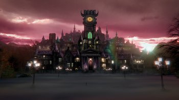 Movie still from “Monster High 2” (2023), directed by Todd Holland – A large clock tower in the middle of a city; Extreme Wide shot, Low angle