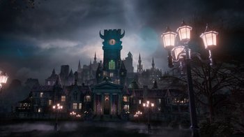 Movie still from “Monster High 2” (2023), directed by Todd Holland – An image of an animated town with a clock tower; Extreme Wide shot, Low angle
