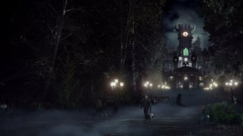 Movie still from “Monster High 2” (2023), directed by Todd Holland – A man is walking in the dark with a skateboard; Extreme Wide shot, Low angle