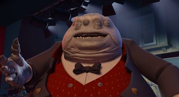 Movie still from “Monsters, Inc.” (2001), directed by Pete Docter – A person wearing a suit and bow tie; Medium shot, Low angle