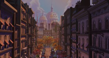 Movie still from “Monsters, Inc.” (2001), directed by Pete Docter – An artistic rendering of a city street with cars parked on the side of the street; Extreme Wide shot, High angle