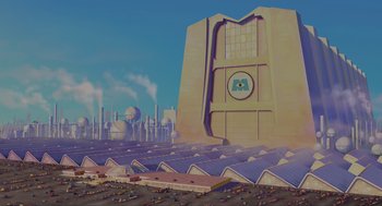 Movie still from “Monsters, Inc.” (2001), directed by Pete Docter – An illustration of a city with a clock on the top of a building; Extreme Wide shot, Low angle