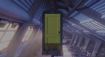 Movie still from “Monsters, Inc.” (2001), directed by Pete Docter – A yellow door hanging from the side of a building; Extreme Wide shot, Low angle