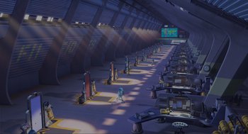 Movie still from “Monsters, Inc.” (2001), directed by Pete Docter – A computer room filled with lots of computer equipment; Extreme Wide shot, High angle
