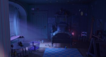 Movie still from “Monsters, Inc.” (2001), directed by Pete Docter – A room with a bed , a basket , and a door way; Extreme Wide shot, High angle