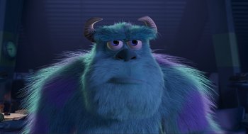 Movie still from “Monsters, Inc.” (2001), directed by Pete Docter – A blue monster with horns; Close Up shot, Low angle