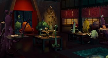 Movie still from “Monsters, Inc.” (2001), directed by Pete Docter – A room filled with tables and chairs and a plant; Extreme Wide shot, High angle