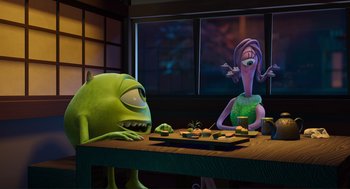 Movie still from “Monsters, Inc.” (2001), directed by Pete Docter – Two cartoon characters sitting at a dinner table; Medium shot, Over the shoulder angle