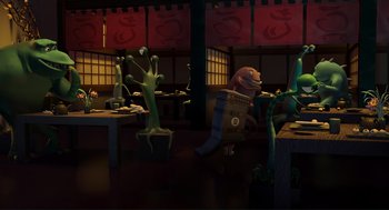 Movie still from “Monsters, Inc.” (2001), directed by Pete Docter – An image of an animated scene in a restaurant setting; Extreme Wide shot, High angle