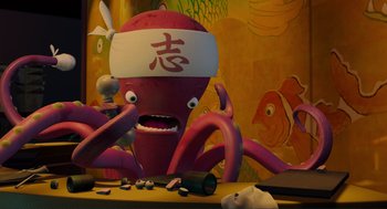 Movie still from “Monsters, Inc.” (2001), directed by Pete Docter – An octopus with a hat on is sitting on a table; Medium shot, High angle