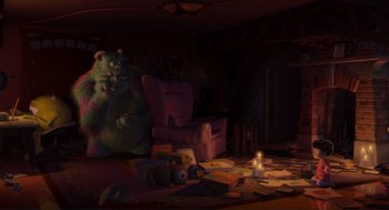 Movie still from “Monsters, Inc.” (2001), directed by Pete Docter – A painting of a living room scene with a candle; Extreme Wide shot, High angle