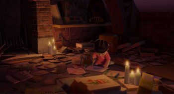 Movie still from “Monsters, Inc.” (2001), directed by Pete Docter – A little girl sitting on the floor drawing with a marker; Wide shot, High angle