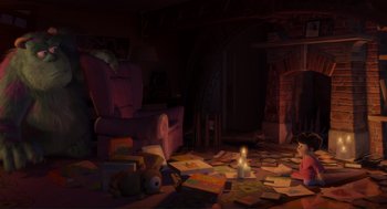 Movie still from “Monsters, Inc.” (2001), directed by Pete Docter – A living room filled with furniture next to a fire place; Extreme Wide shot, High angle