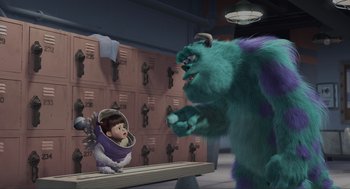 Movie still from “Monsters, Inc.” (2001), directed by Pete Docter – A monster and a child in a room; Wide shot, Over the shoulder angle