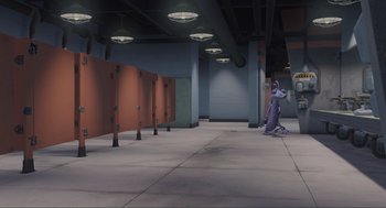 Movie still from “Monsters, Inc.” (2001), directed by Pete Docter – An image of an indoor area with a fire hydrant; Extreme Wide shot, High angle