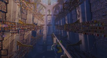 Movie still from “Monsters, Inc.” (2001), directed by Pete Docter – An image of a person hanging from a rope in a room; Extreme Wide shot, Overhead angle