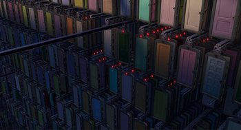 Movie still from “Monsters, Inc.” (2001), directed by Pete Docter – A bunch of pipes that are on a wall; Extreme Wide shot, Overhead angle