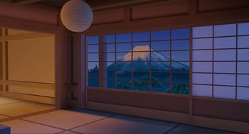 Movie still from “Monsters, Inc.” (2001), directed by Pete Docter – A room that has a large window with a view of a mountain in it; Extreme Wide shot, High angle