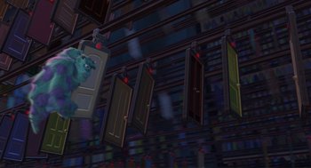 Movie still from “Monsters, Inc.” (2001), directed by Pete Docter – A room filled with lots of doors and windows; Extreme Wide shot, Low angle