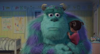 Movie still from “Monsters, Inc.” (2001), directed by Pete Docter – A little girl looking at a large stuffed animal monster; Medium shot, Low angle