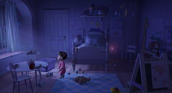 Movie still from “Monsters, Inc.” (2001), directed by Pete Docter – An animated scene of a child in a bedroom; Wide shot, High angle