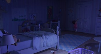 Movie still from “Monsters, Inc.” (2001), directed by Pete Docter – A child's bedroom with a bed , rug , and toys in it; Wide shot, High angle