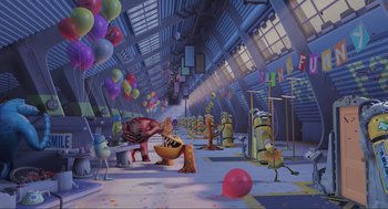 Movie still from “Monsters, Inc.” (2001), directed by Pete Docter – An artistic rendering of an amusement park with balloons; Extreme Wide shot, High angle