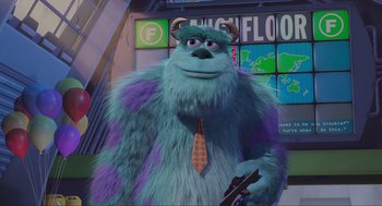 Movie still from “Monsters, Inc.” (2001), directed by Pete Docter – A man dressed as sulley from monsters , inc; Medium shot, Low angle
