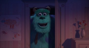 Movie still from “Monsters, Inc.” (2001), directed by Pete Docter – A cartoon character is looking out of a closet; Extreme Wide shot, Low angle