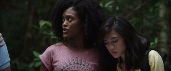 Movie still from “Monsters of Man” (2020), directed by Mark Toia – Two young women standing next to each other in a forest; Close Up shot, Over the shoulder angle