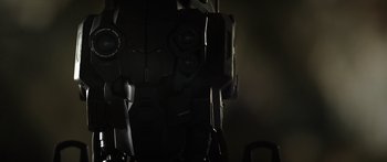 Movie still from “Monsters of Man” (2020), directed by Mark Toia – View of a robot's head and face; Close Up shot, Low angle