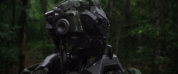 Movie still from “Monsters of Man” (2020), directed by Mark Toia – The head of a military robot; Close Up shot, Low angle