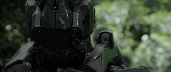 Movie still from “Monsters of Man” (2020), directed by Mark Toia – View of the face of a robot; Extreme Close Up shot, Low angle