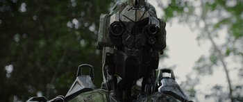 Movie still from “Monsters of Man” (2020), directed by Mark Toia – View of the head of a robot; Close Up shot, Low angle