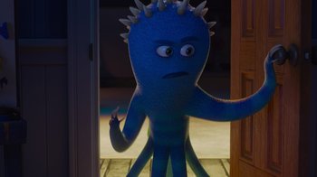 Movie still from “Monsters University” (2013), directed by Dan Scanlon – A blue creature with spiky hair standing in front of a door; Medium shot, Over the shoulder angle