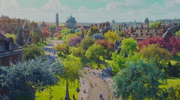 Movie still from “Monsters University” (2013), directed by Dan Scanlon – An aerial view of a park with people sitting on the grass; Extreme Wide shot, High angle