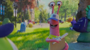 Movie still from “Monsters University” (2013), directed by Dan Scanlon – A pink cartoon character holding a piece of paper; Medium shot, Over the shoulder angle