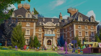 Movie still from “Monsters University” (2013), directed by Dan Scanlon – A group of people sitting in front of a large building; Extreme Wide shot, Low angle